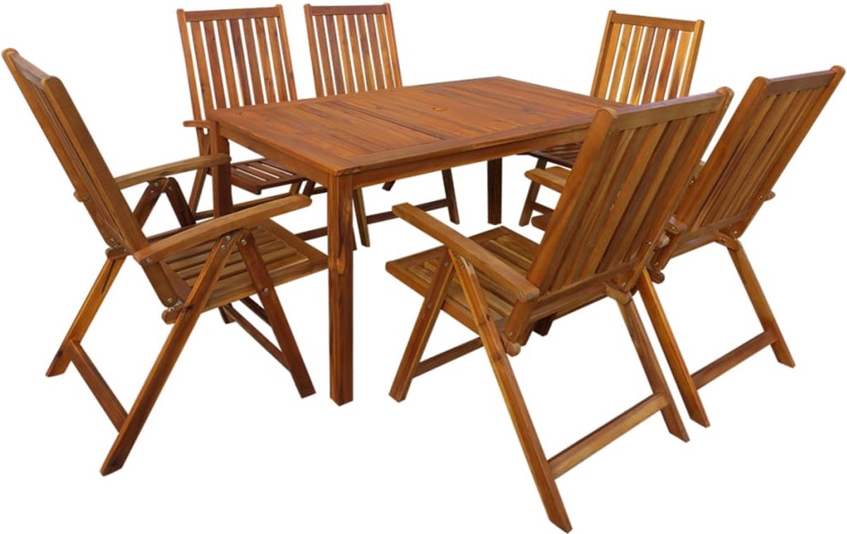 Tuinset van massief acaciahout met eetkamerstoel en buitentafel.