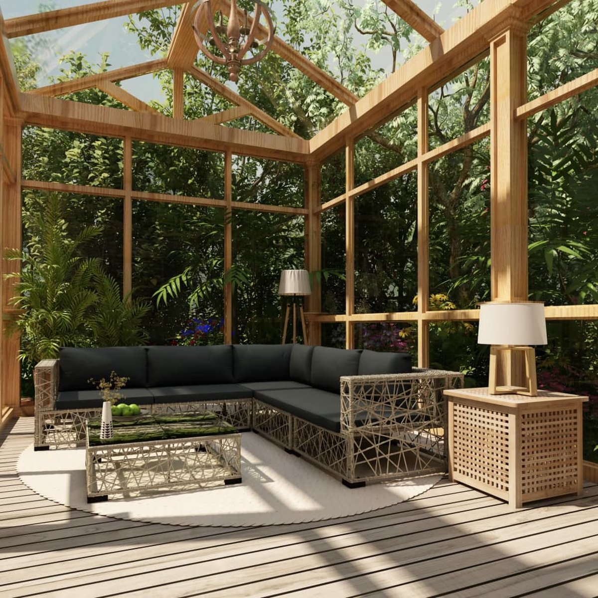 The Living Store 6-delige Loungeset met kussens poly rattan grijs - Loungeset - Tuinset - Rattan Lounge - Buitentijd - Garden Furniture