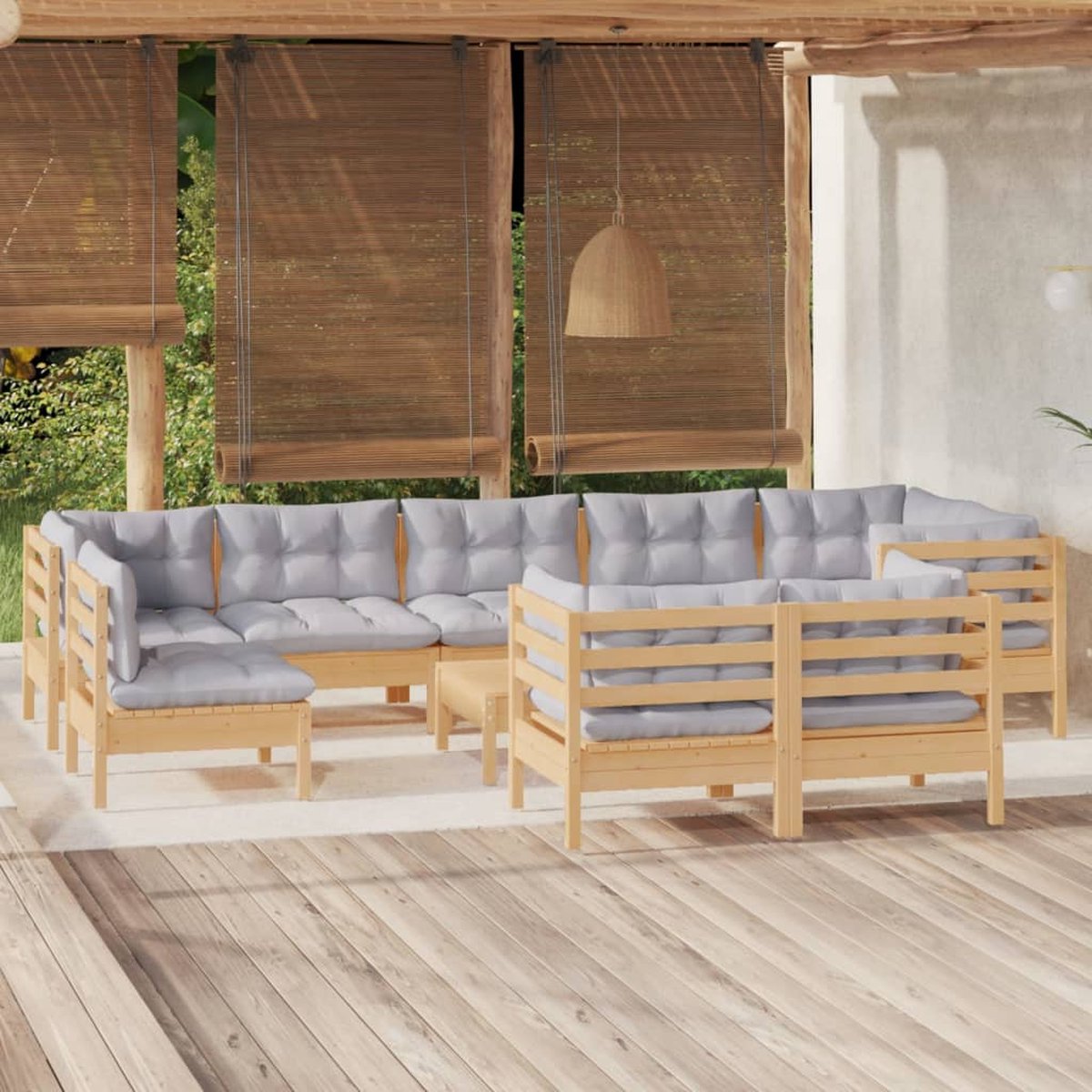 The Living Store 10-delige Loungeset met grijze kussens massief grenenhout - Loungeset - Tuinset - Houten Lounge - Buis Meubel - Balkon Set