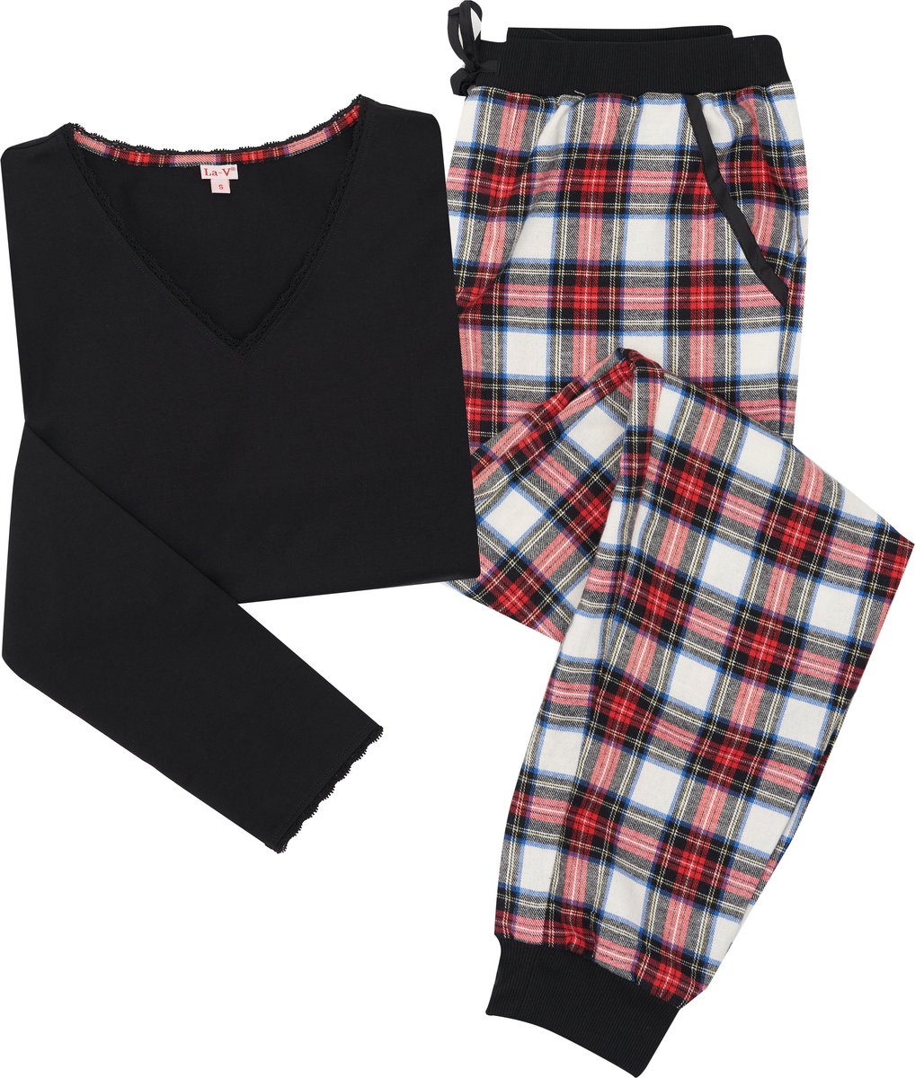 La V La-V pyjamaset voor dames met flanel joggingbroek en top met kant zwart/rood XL (Valt klein)