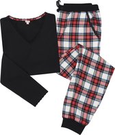 La-V pyjamaset voor dames met flanel joggingbroek en top met kant zwart/rood XL