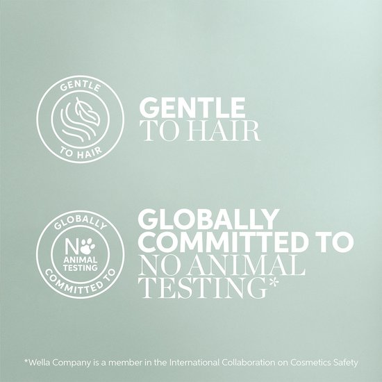 Witte iconen en tekst: 'Gentle to hair' en 'Globally committed to no animal testing'.