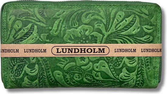 Lundholm portefeuille dames avec fermeture éclair cuir grand vert avec motif floral - portefeuille de luxe dames avec fermeture éclair RFID - portefeuille fermeture éclair femme protection RFID