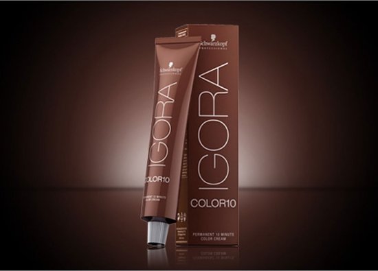 Schwarzkopf Professional IGORA COLOR10 permanente haarkleurcrème op een bruine achtergrond.