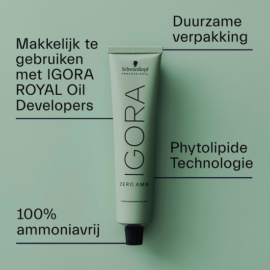 IGORA ZERO AMM tube met tekst over 'Phytolipide Technologie' en '100% ammoniavrij'.