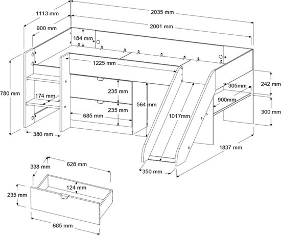 Parisot Halfhoogslaper met glijbaan Tobo - 90x200 - Wit