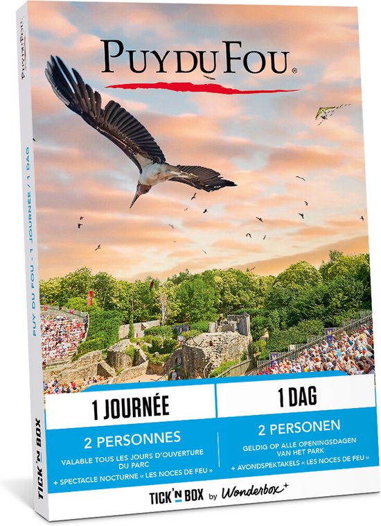 Livre 'Puy du Fou' pour 2 personnes pour 1 jour, avec un oiseau en vol et le parc.