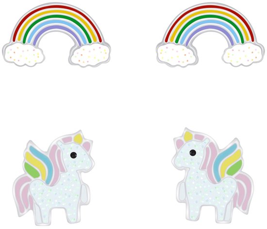 Joy|S - Zilveren eenhoorn oorbellen - set 2 paar - Regenboog oorbellen - unicorn oorbellen