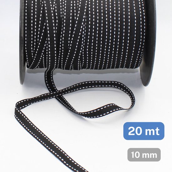 20 Meter POLYESTER RIBSBAND/BOORDBAND met STIKSELMOTIEF, Breedte 10MM, Kleur ZWART/WIT