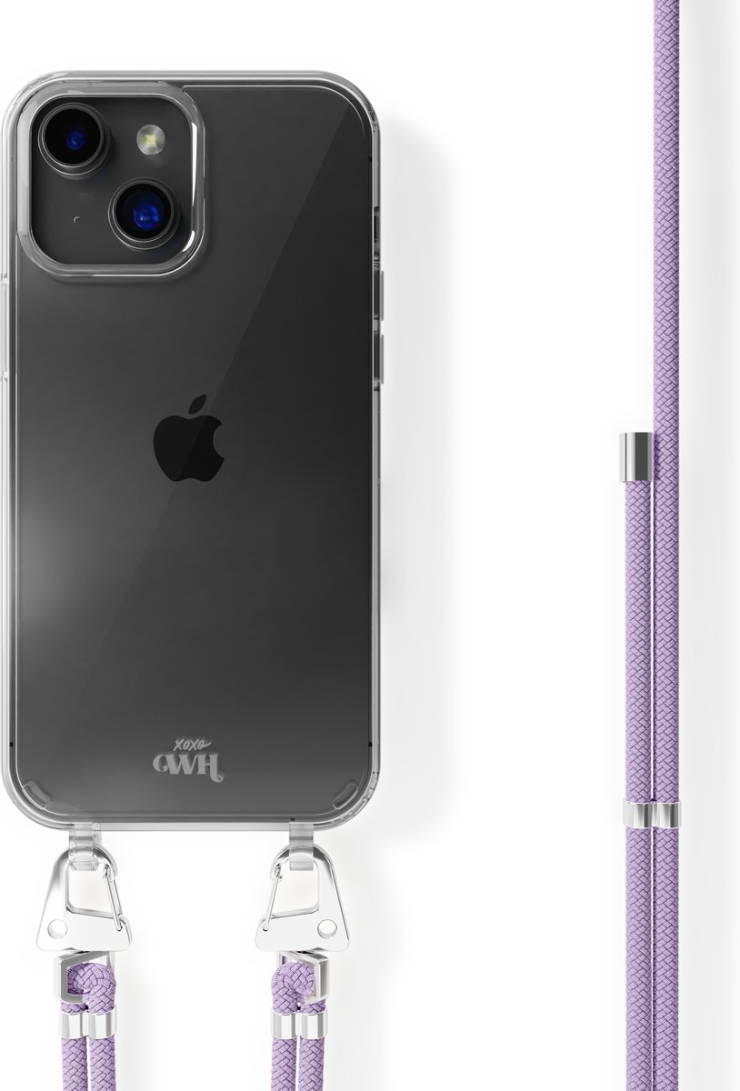 xoxo Wildhearts siliconen hoesje - Geschikt voor iPhone 13 Mini - Telefoonhoesje - Hoesje met koord - telefoonkoord - Transparant hoesje - Paarse koord