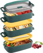 2100 ml lunchbox voor volwassenen en kinderen, 3-laagse lekvrije broodtrommel met vakken, vorken en eetstokjes, geschikt voor lunchbox voor werk, kantoor, school (groen)