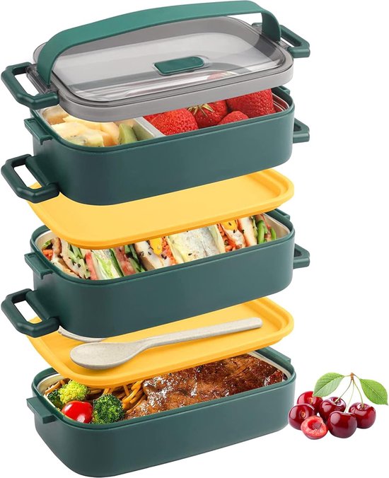 2100 ml lunchbox voor volwassenen en kinderen, 3-laagse lekvrije broodtrommel met vakken, vorken en eetstokjes, geschikt voor lunchbox voor werk, kantoor, school (groen)