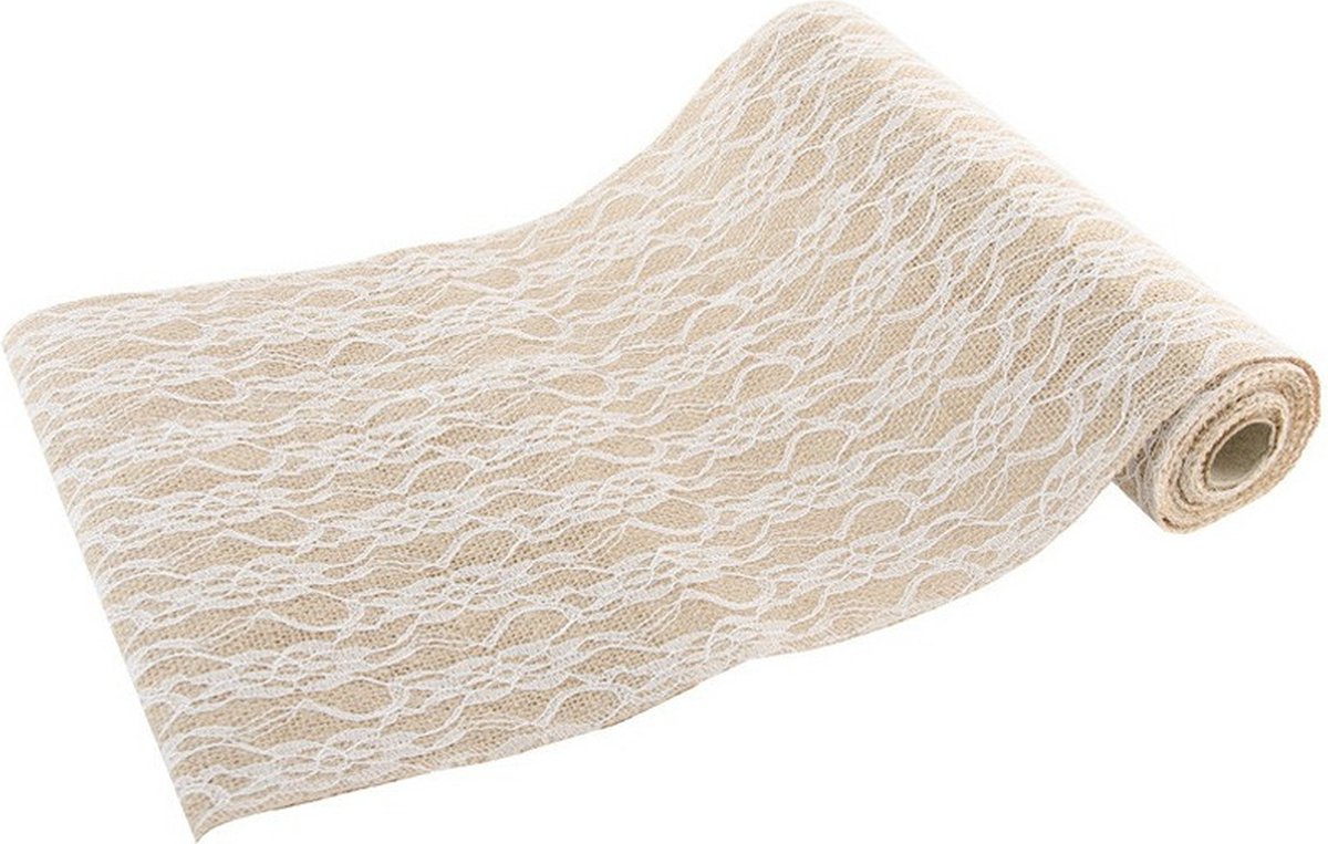 Chaks Jute tafelloper - 2x - met wit kant - 29 x 300 cm - Tafeldecoratie versieringen