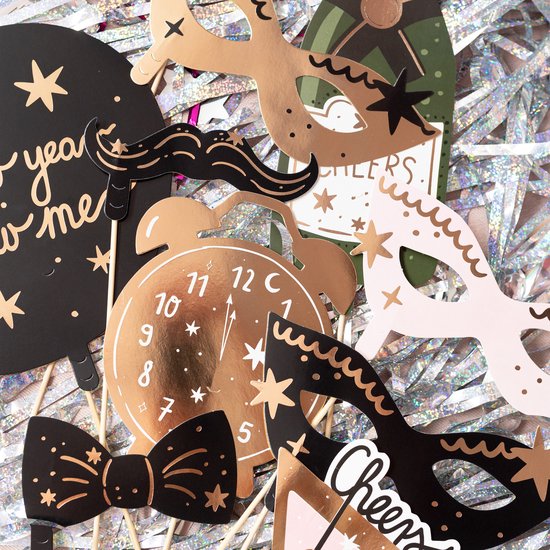 PartyDeco foto prop set Oud & Nieuw - 18-delig - Oudjaarsavond/NYE thema feest - photo booth