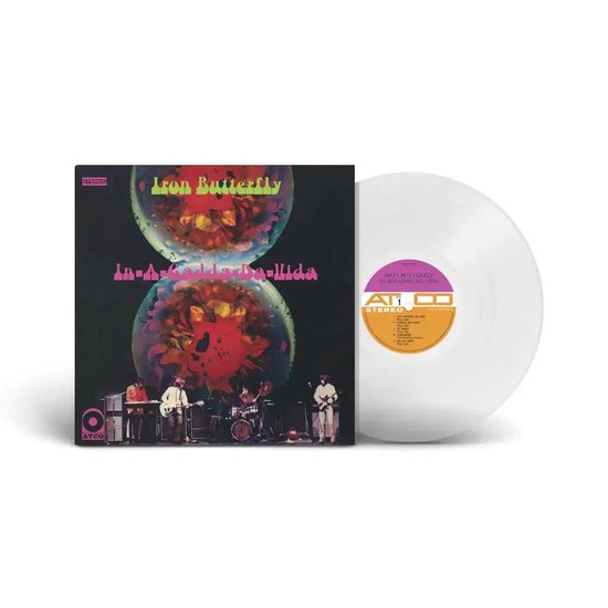 Albumhoes en doorzichtig vinyl met tekst 'Iron Butterfly In-A-Gadda-Da-Vida'.