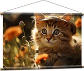 Textielposter - Dier - Kitten - Poes - Bloemen - Gras - 90x60 cm Foto op Textiel
