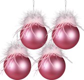 HAES DECO - Kerstbal Set 4 - Formaat (4) Ø 10x10 cm - Kleur Roze - Materiaal Glas - Kerstversiering, Kerstdecoratie, Decoratie Hanger, Kerstboomversiering