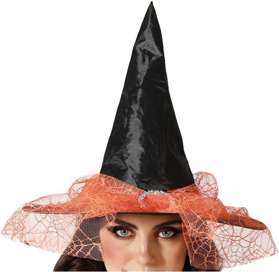 Halloween heksenhoed - met sluier - one size - zwart/oranje - meisjes/dames  - verkleed... | bol.com