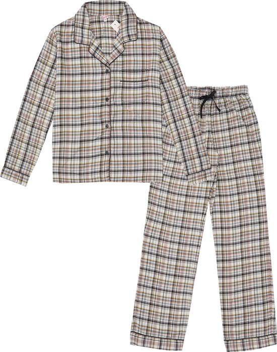 La- V Ensemble pyjama en flanelle pour femme à motif à carreaux, couleur crème L