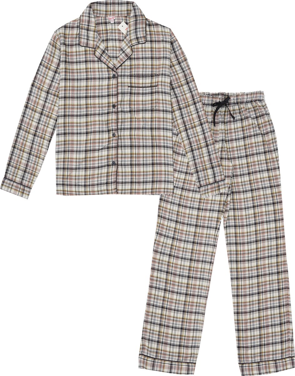 La V La-V Flanel pyjama set voor dames met geruit patroon cream kleur