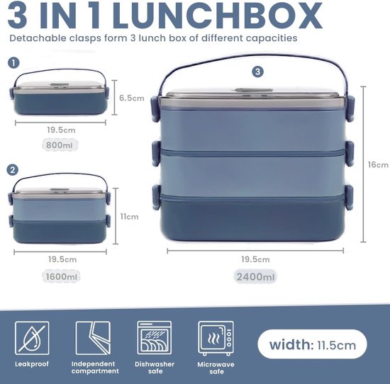 Boîte Bento Fradabox Elliot 2400ml - 3 étages Inox - Anti-fuite - Avec Boîte Bento Fradabox Elliot 2400ml - 3 étages Inox - Anti-fuite - Avec