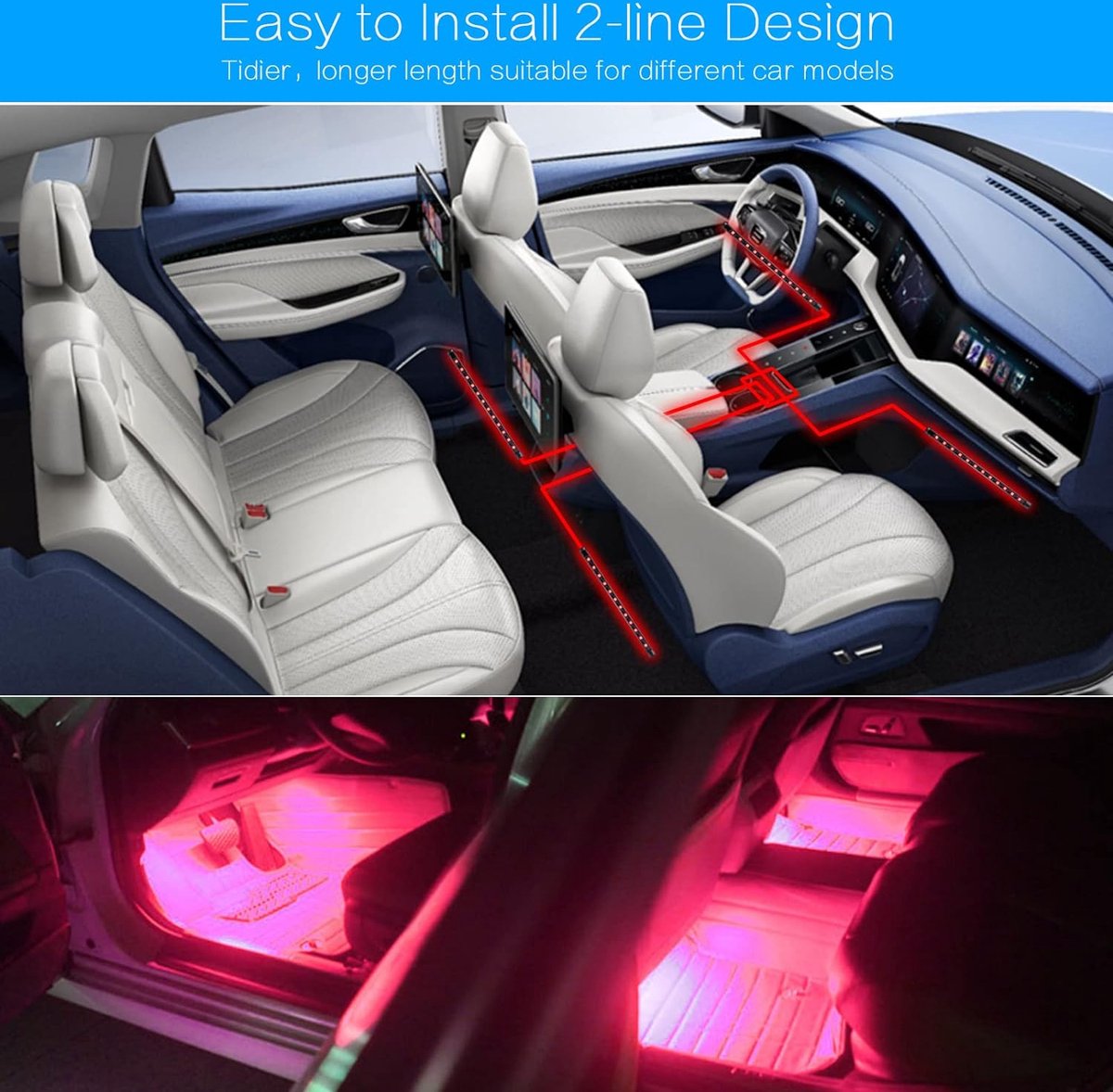 Led-binnenverlichting voor de auto, 4 stuks, 48 led-lichtstrips met muziekgestuurde muziekbesturing, ledstrip, auto-interieurverlichting, led-muziekverlichtingsset