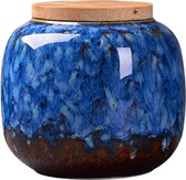 Pot de conservation alimentaire en céramique hermétique avec couvercle en bambou naturel, boîte à thé, pot de conservation pour café, thé, herbes et noix, céramique, bleu, taille unique