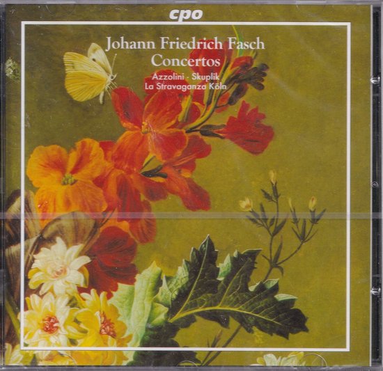 CD-hoes met schilderij van bloemen, waaronder rode, oranje en gele bloemen, en een gele vlinder op een olijfgroene achtergrond.