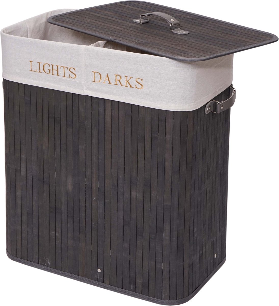 Goedkoopste Wasmand MCW-C21, Wasbox Wasbox, bamboe 2 compartimenten 63x55x34cm 100l ~ donkergrijs