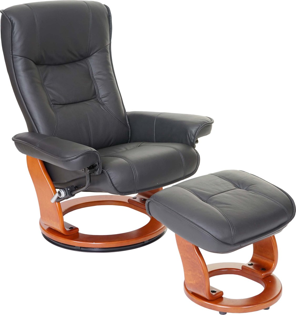 MCA relaxfauteuil Hamilton, TV fauteuil kruk, echt leer 130kg draagvermogen ~ zwart, honingkleurig