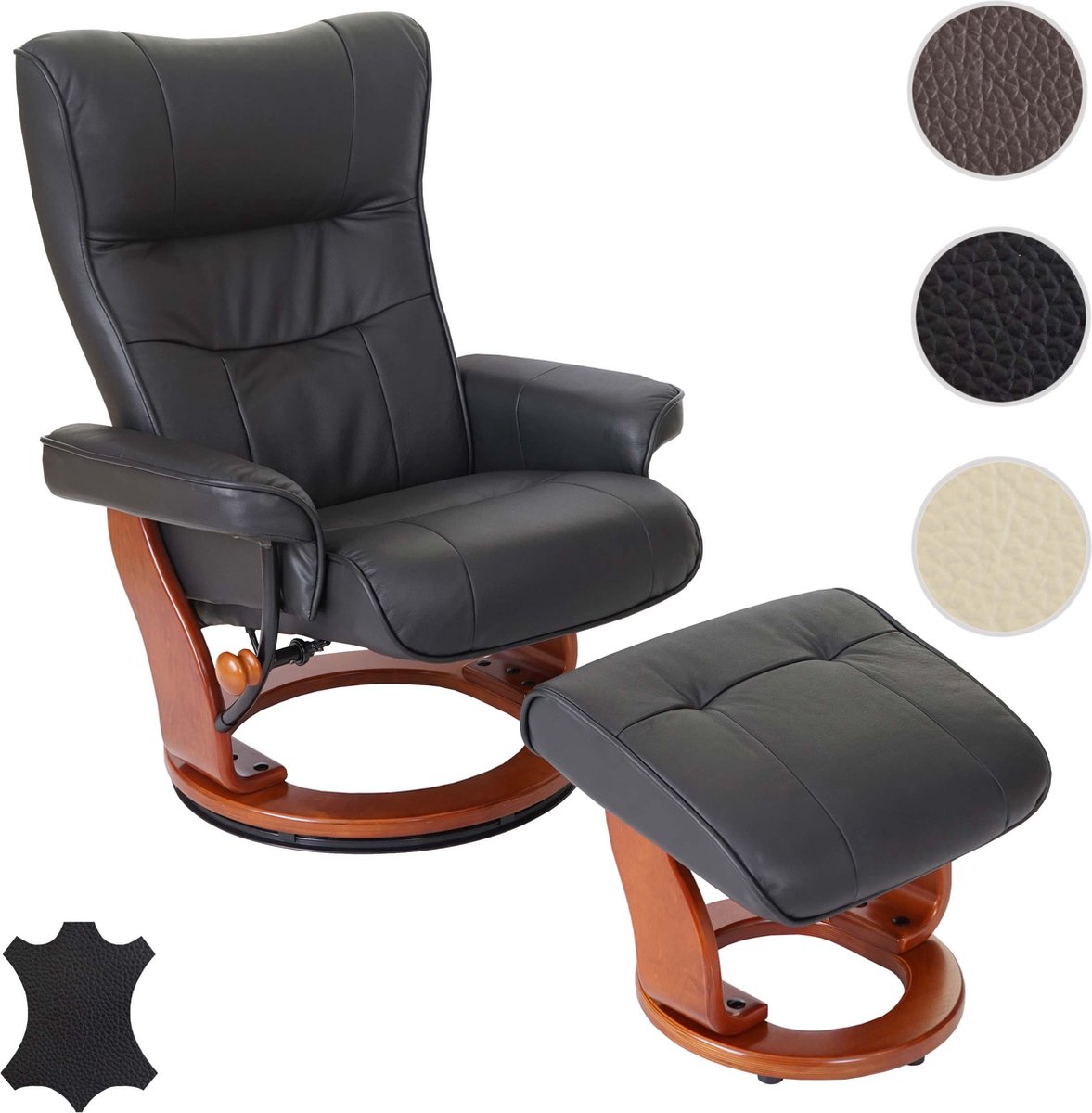 Robas Lund MCA relaxfauteuil Montreal, TV-fauteuil kruk, echt leer 130kg draagvermogen ~ zwart, honingkleurig