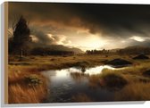 Hout - Landschap - Gras - Bomen - Wolken - Water - 75x50 cm - 9 mm dik - Foto op Hout (Met Ophangsysteem)