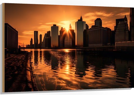 Hout - Gebouwen - Water - Zon - Zonsondergang - Stad - 120x80 cm - 9 mm dik - Foto op Hout (Met Ophangsysteem)