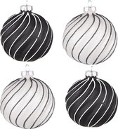 HAES DECO - Kerstballen Set van 4 - Formaat (4) Ø 8x8 cm - Kleur Zwart - Materiaal Glas - Kerstversiering, Kerstdecoratie, Decoratie Hanger, Kerstboomversiering