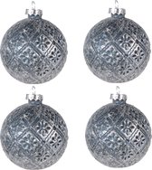 HAES DECO - Kerstballen Set van 4 - Formaat (4) Ø 8x8 cm - Kleur Blauw - Materiaal Glas - Kerstversiering, Kerstdecoratie, Decoratie Hanger, Kerstboomversiering