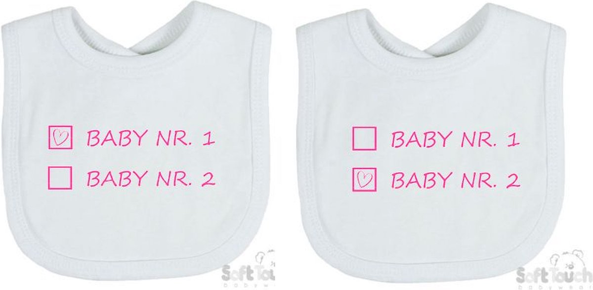 Goedkoopste Soft Touch 2-pack Slabber Slabbetje Slab Baby nr. 1 & Baby nr. 2 Unisex Tweeling Katoen Wit/roze Maat 33x22 Cm