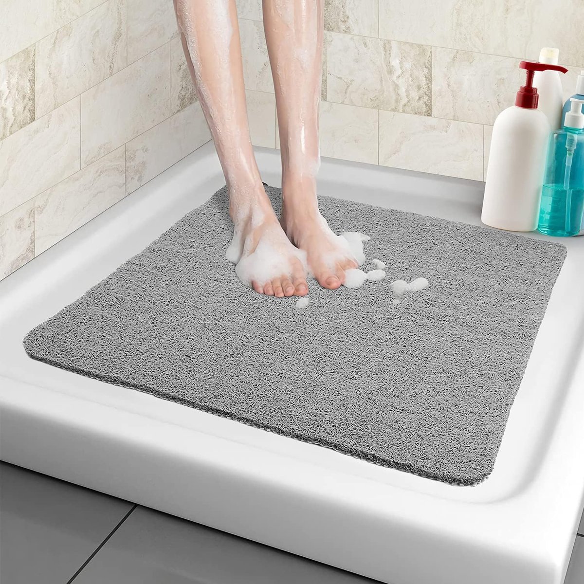 Tapis De Douche Antidérapant Gris - Texture Luffa Douce - Trous De Drainage - 60x120 Cm - PVC Coupable Et Facile à Nettoyer