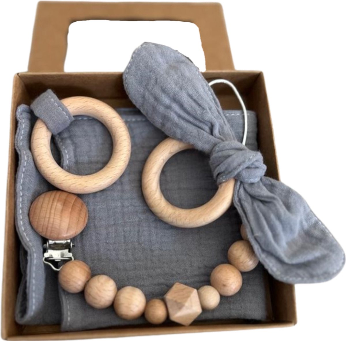 Goedkoopste Baby Geschenkset - 3-delige set - Kraamcadeau - babyshower- gender reveal - Unisex baby cadeau - kraamvisite- jongen - meisje - giftset - bijtring - doorkomende tandjes - speenkoord - speenketting - knuffeldoekje - Grijs