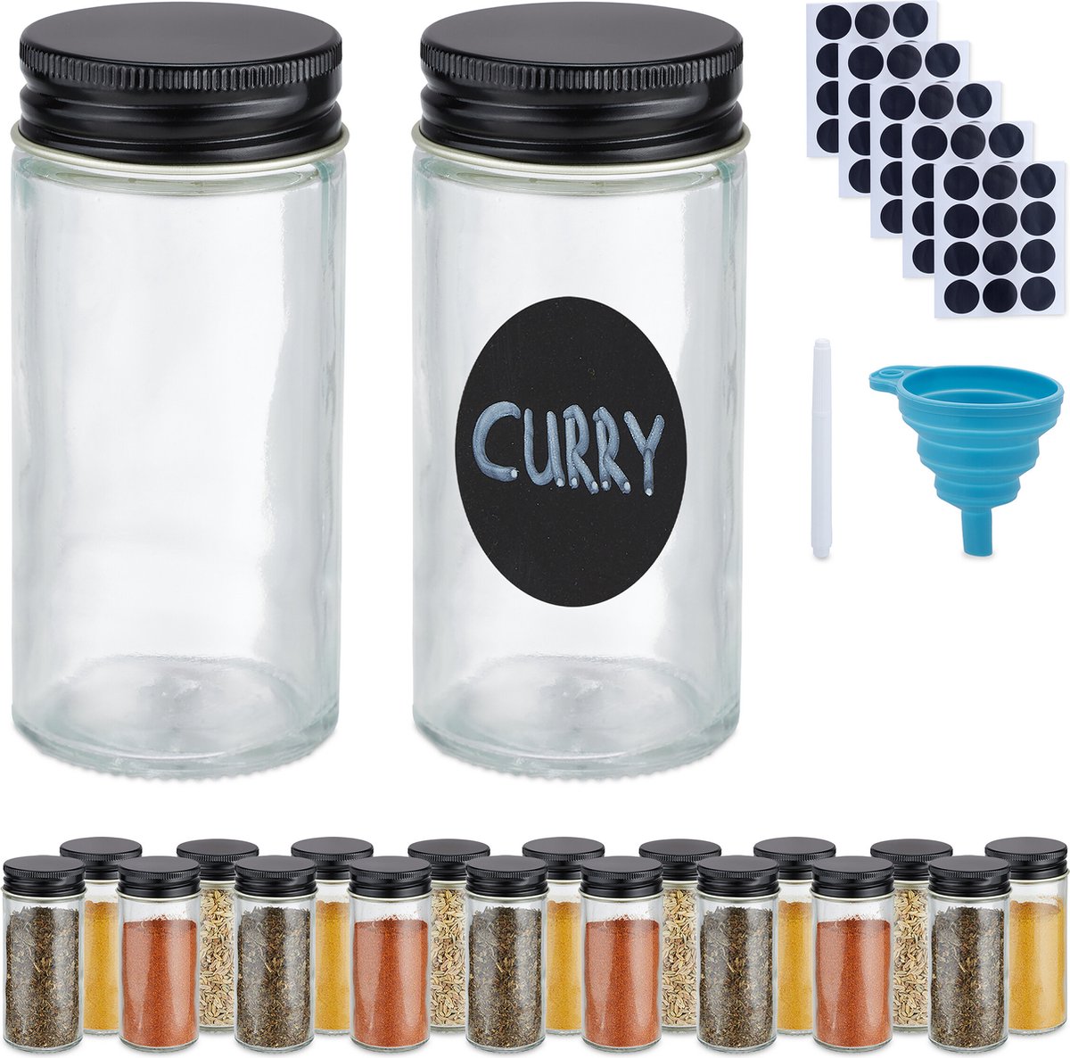 Relaxdays kruidenpotjes, set van 12, strooigaatjes (3 groottes) leeg, 90 ml, kruidenstrooiers glas & rvs, zwart/zilver Relaxdays kruidenpotjes, set van 12, strooigaatjes (3 groottes) leeg, 90 ml, kruidenstrooiers glas & rvs, zwart/zilver
