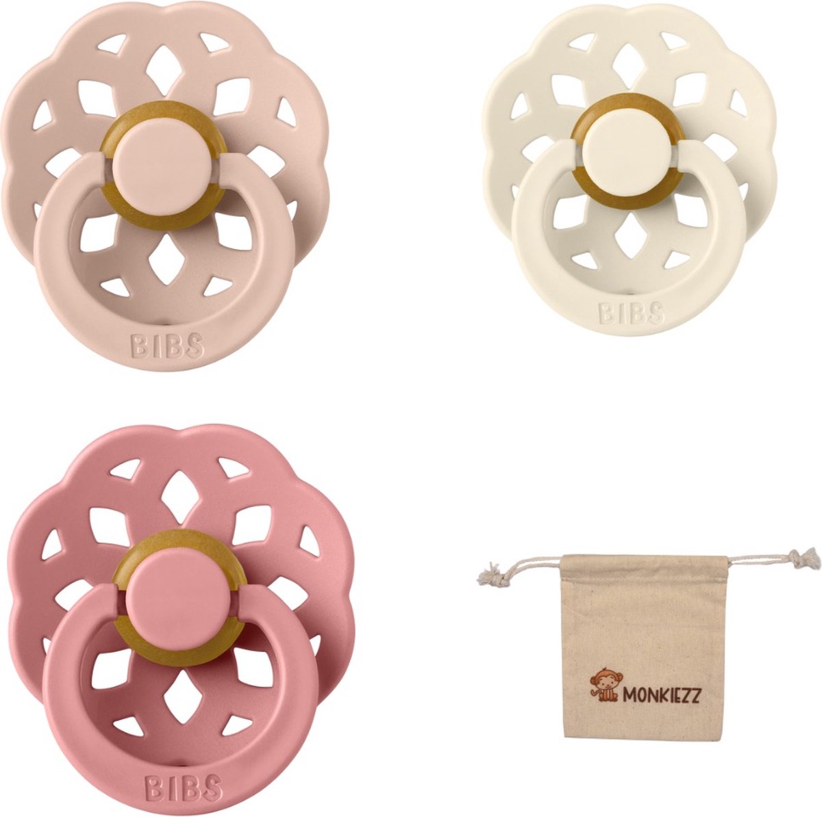 Goedkoopste Bibs Boheme fopspenen - maat 2 6-18 maanden - 3 stuks – Blush – Ivory – Dusty Pink Monkiezz speenzakje