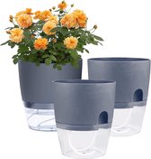 Kunststof kruidenpot met irrigatiesysteem, set van 3 bloempotten, zelfbewaterende potten met onderzetter, moderne plantenpot voor kamerplanten, bloemen en kruiden (15,2 cm, grijs)