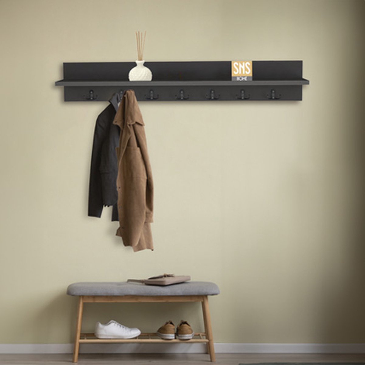 Kapstok - Wandkapstok - Wandplank - Antraciet - 7x2 Haken - 106 cm