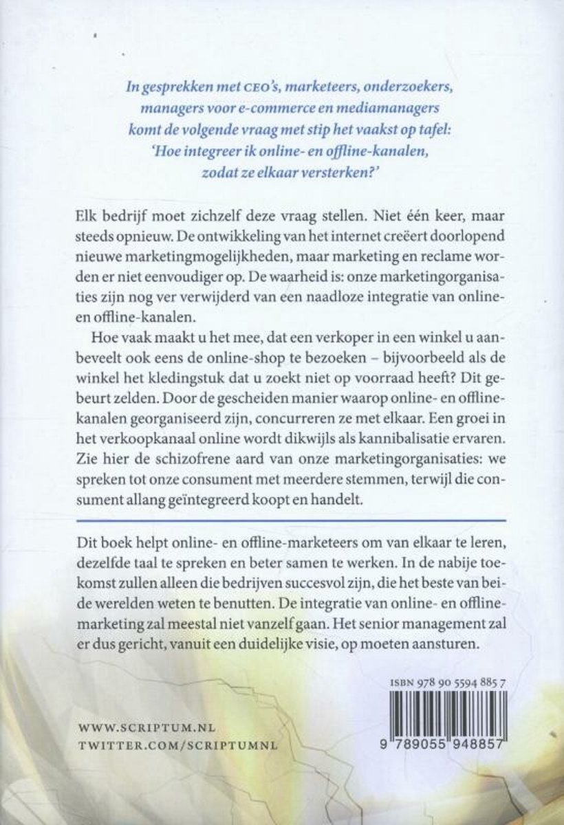 Boekrug met tekst over de integratie van online en offline marketing, ISBN 9789055948857.