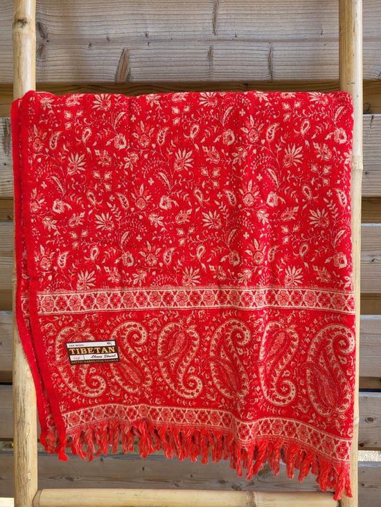 Nepal Omslagdoek Plaid Sjaal Yak Wol/Acryl (200 x 100 cm) Rood/Creme Ideaal voor op de Yoga Mat