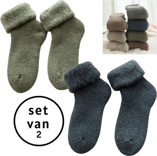Warme winter sokken dames - set van 2 paar - maat 36-40 - wol - gevoerd - damessokken - huissokken - blauw - groen - cadeautip