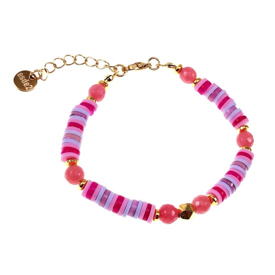 Bracelet Femme en Pâte Polymère - Acier Inoxydable Plaqué Or - Bracelet Rose-Lilas - Bracelet Perles - Bracelet Ajustable