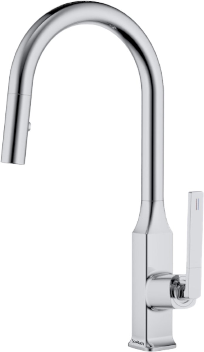 EcoRain© 30% Waterbesparende Keukenkraan Lucas met Uittrekbare Loop van RVS 304 en Messing - Universele Aansluiting - Anti-Kras Coating - Behoud Waterdruk - 5 Jaar Garantie - Chroom