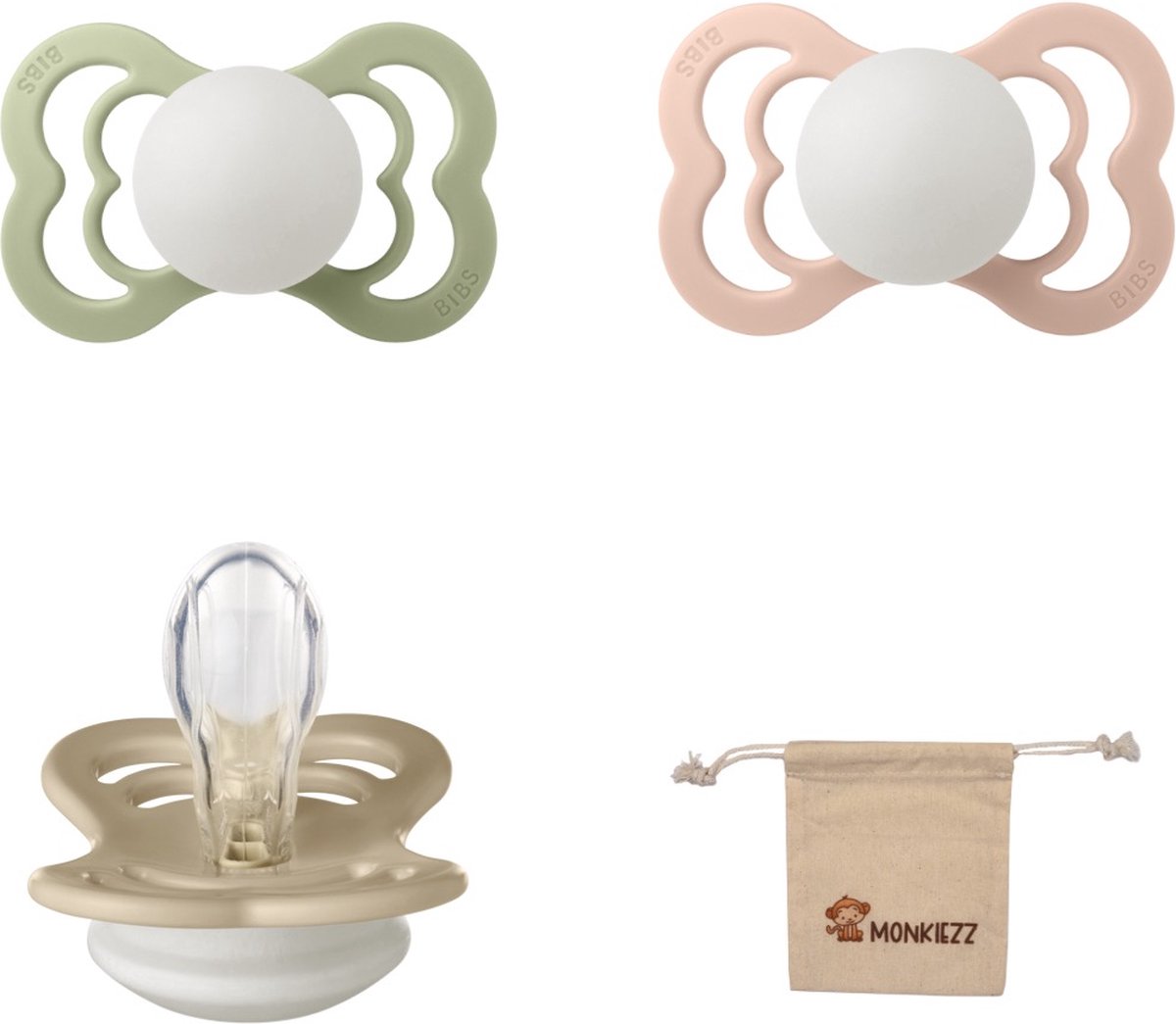 Goedkoopste BIBS Supreme Fopspenen - Maat 1 0-6 maanden - Silicone – Glow in the dark Sage - Blush - Vanilla Monkiezz speenzakje