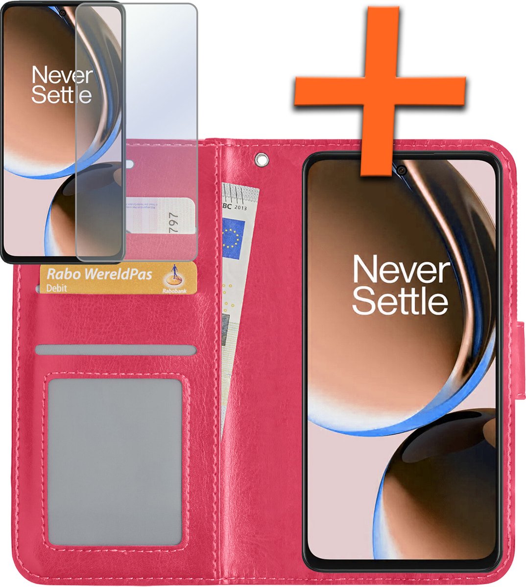Hoes - Met Screenprotector - Geschikt voor OnePlus Nord CE 3 Lite - Luxe Pasjeshouder - Bookcase Portemonee - Flip Case - Kunstleer Book Case - Flipcase - Book Cover - Walletcase - PortemonneeHoes - Donkerroze
