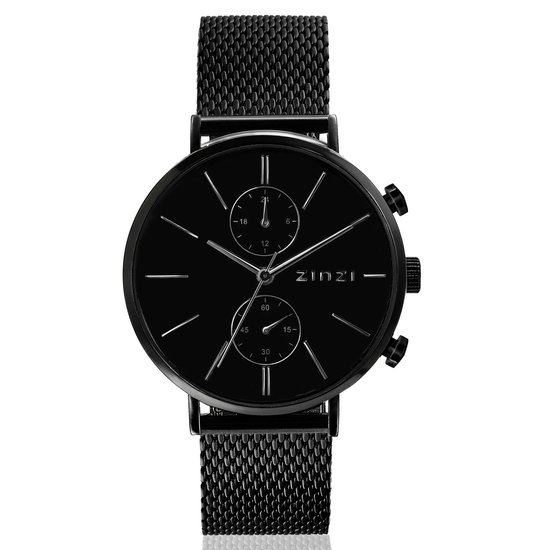 ZINZI watch Traveller black zwarte wijzerplaat, zwarte stalen kast zwarte mesh band 39mm dual time ZIW750M